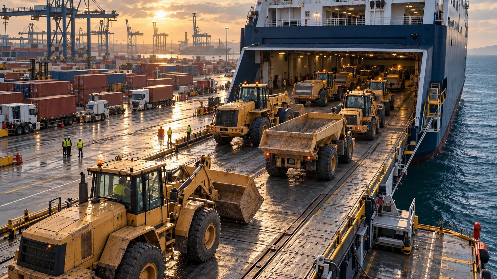 Heavy machinery boarding a RoRo vessel at a European port, open sea beyond